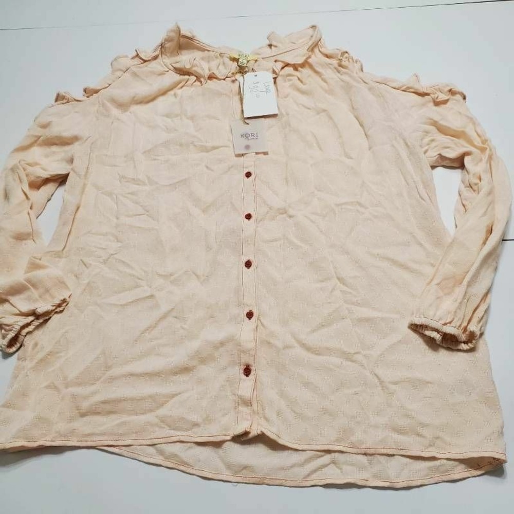Kori America Womens Button Up Blouse Pink Long Sleeve Cold Shoulder Top S New